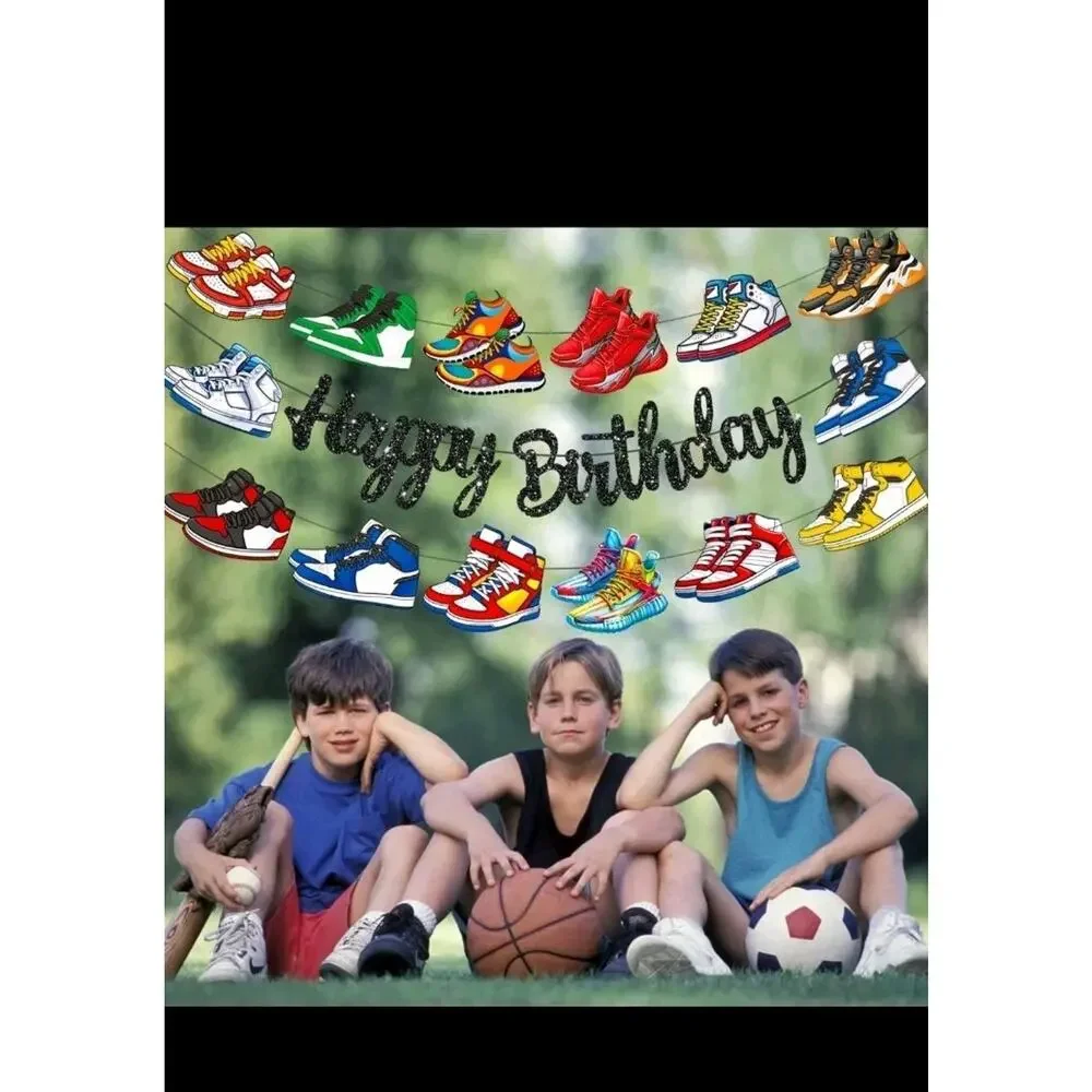 Glitter Black Sneaker Happy Birthday Banners 3Pcs Sports Shoes Theme Party De...
